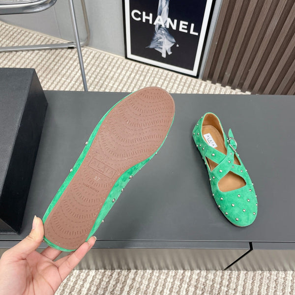 Alaia 2025 Criss Cross With Stud Ballet Flats Shamrock Green Suede 293210