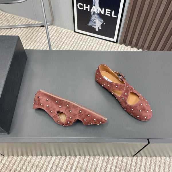 Alaia 2025 Criss Cross With Stud Ballet Flats Brown Suede 293213