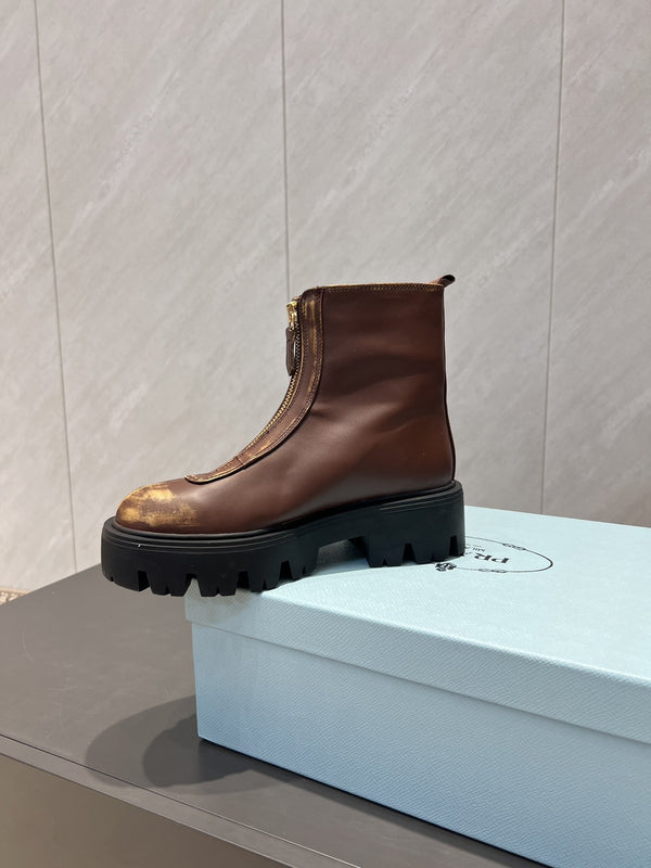 Prada 25 Martin Boots Brown Black Cowhide 501672