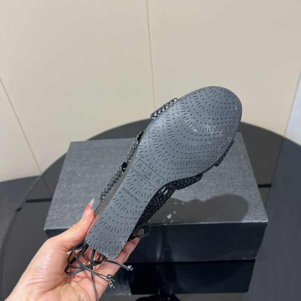 Alaia 25 Round-toe Braided Wedge Sandals 75mm Black Woven Leather 433565