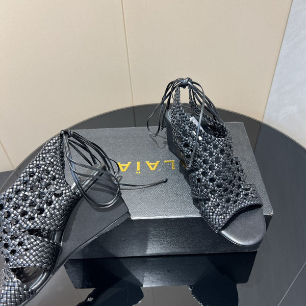 Alaia 25 Round-toe Braided Wedge Sandals 75mm Black Woven Leather 433565