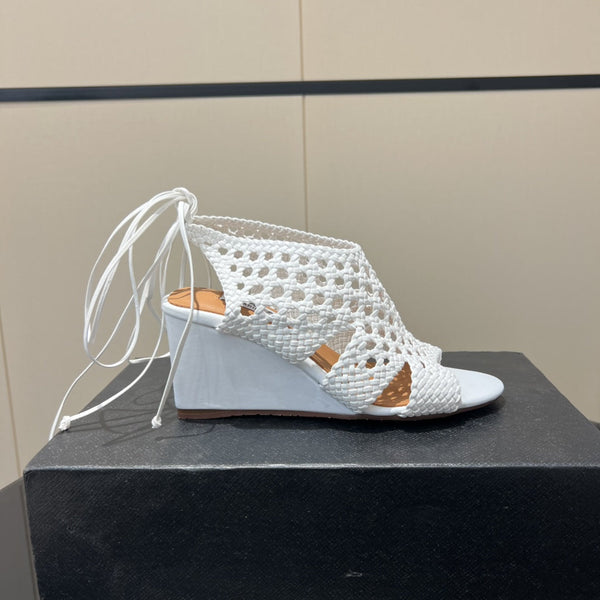 Alaia 25 Round-toe Braided Wedge Sandals 75mm White Woven Leather 433566