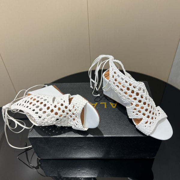 Alaia 25 Round-toe Braided Wedge Sandals 75mm White Woven Leather 433566