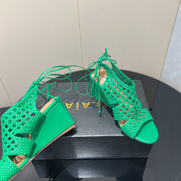 Alaia 25 Round-toe Braided Wedge Sandals 75mm Green Woven Leather 433567