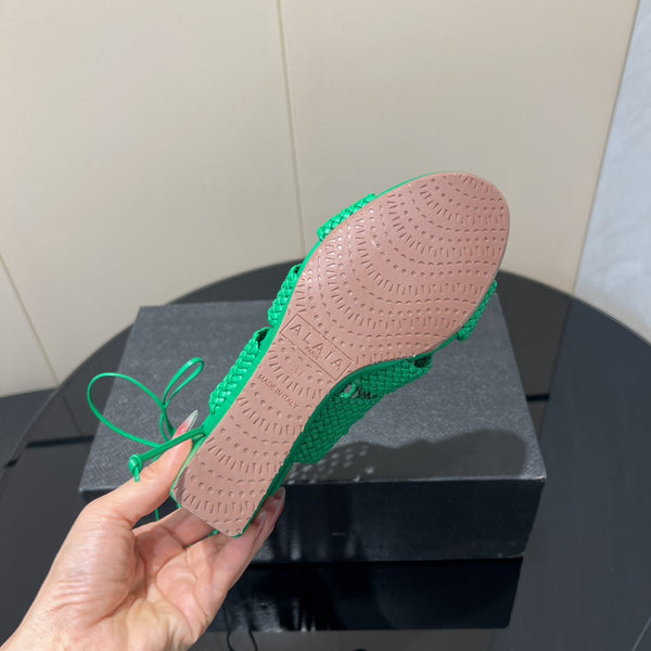 Alaia 25 Round-toe Braided Wedge Sandals 75mm Green Woven Leather 433567