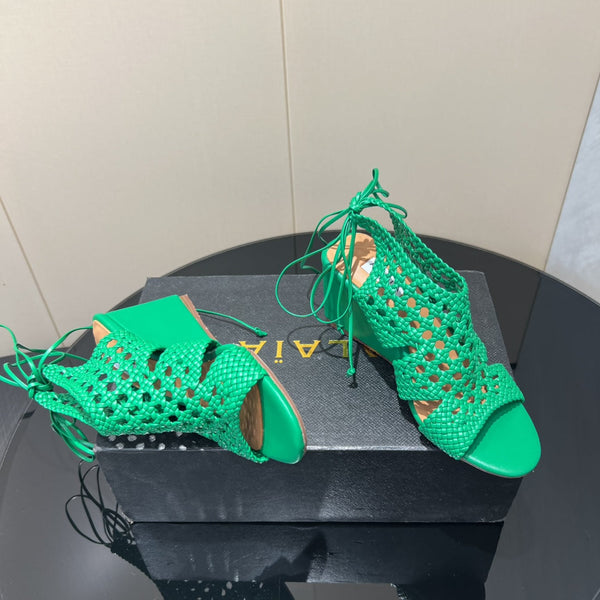 Alaia 25 Round-toe Braided Wedge Sandals 75mm Green Woven Leather 433567