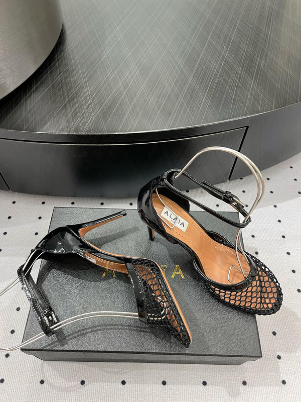 Alaila High Fishnet Pumps 90mm In Black Mesh Fabric 954848