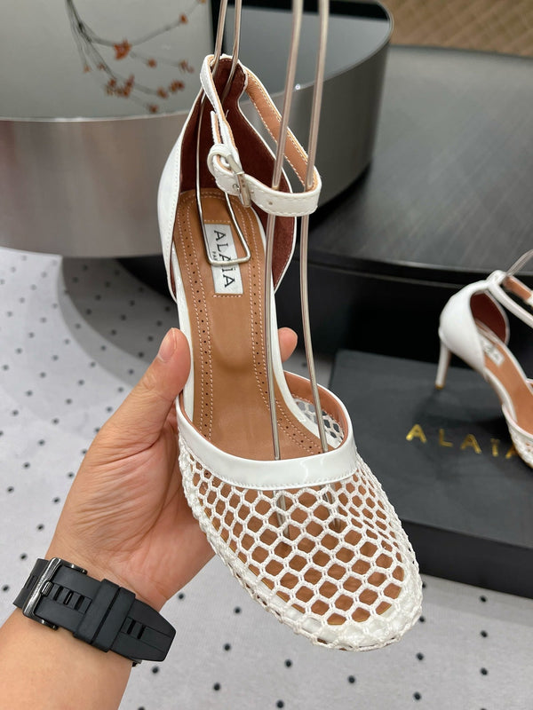 Alaila High Fishnet Pumps 90mm In White Mesh Fabric 954850