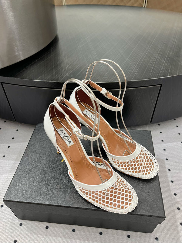 Alaila High Fishnet Pumps 90mm In White Mesh Fabric 954850