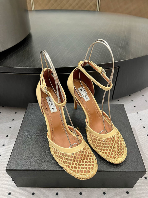 Alaila High Fishnet Pumps 90mm In Light Yellow Mesh Fabric 954852