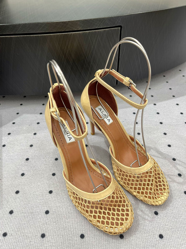Alaila High Fishnet Pumps 90mm In Light Yellow Mesh Fabric 954852