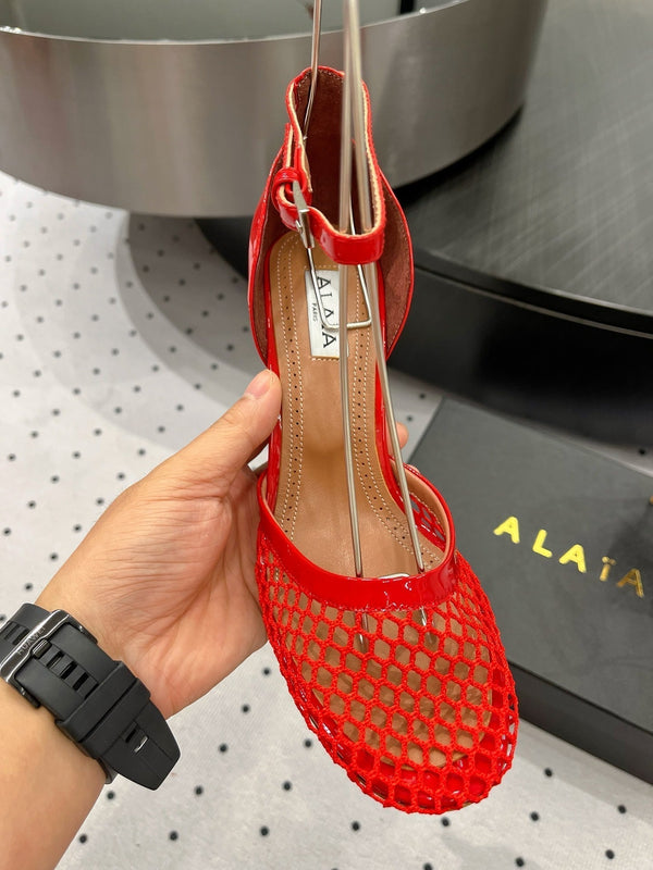 Alaila High Fishnet Pumps 90mm In Red Mesh Fabric 954854