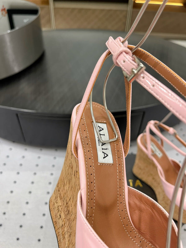 Alaila Wedge Sandals 115mm In Pink Glossy Lambskin 954885