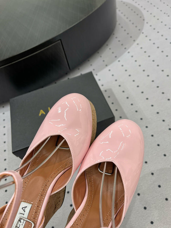 Alaila Wedge Sandals 115mm In Pink Glossy Lambskin 954885