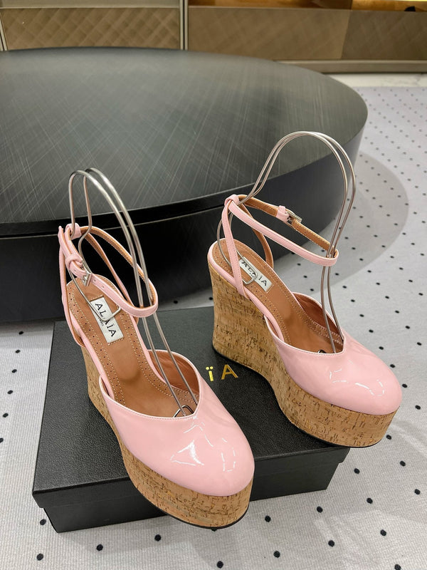 Alaila Wedge Sandals 115mm In Pink Glossy Lambskin 954885
