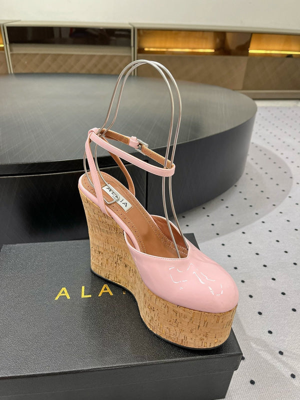 Alaila Wedge Sandals 115mm In Pink Glossy Lambskin 954885