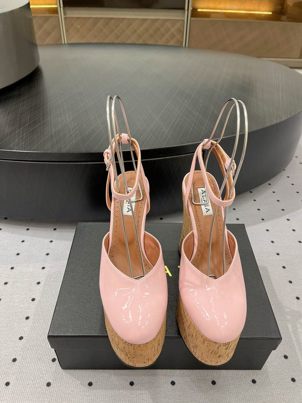 Alaila Wedge Sandals 115mm In Pink Glossy Lambskin 954885