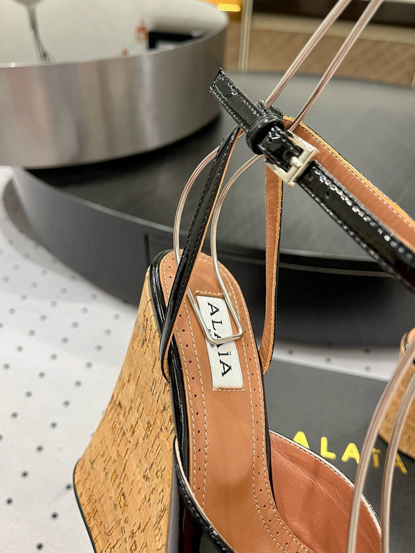 Alaila Wedge Sandals 115mm In Black Glossy Lambskin 954887