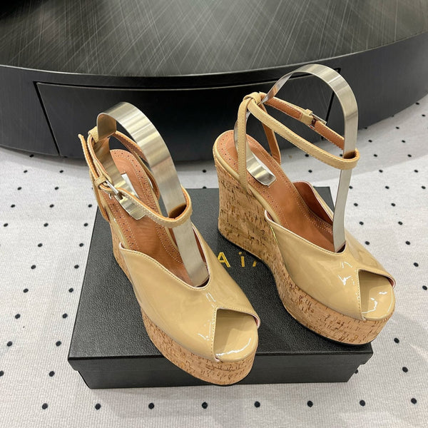 Alaila Wedge Sandals 135mm In Beige Glossy Lambskin 954895