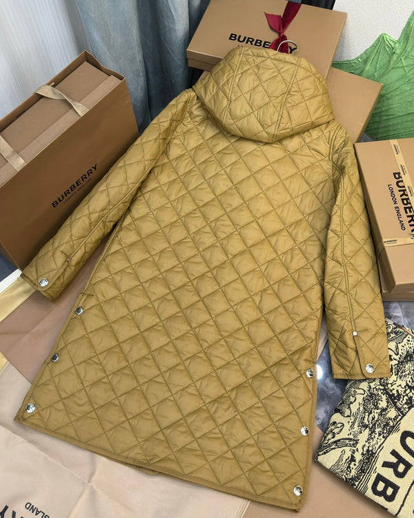 Burberry 25 Quilted Hooded Long Coat Yellow Polyester Cotton