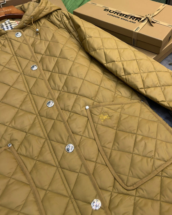 Burberry 25 Quilted Hooded Long Coat Yellow Polyester Cotton