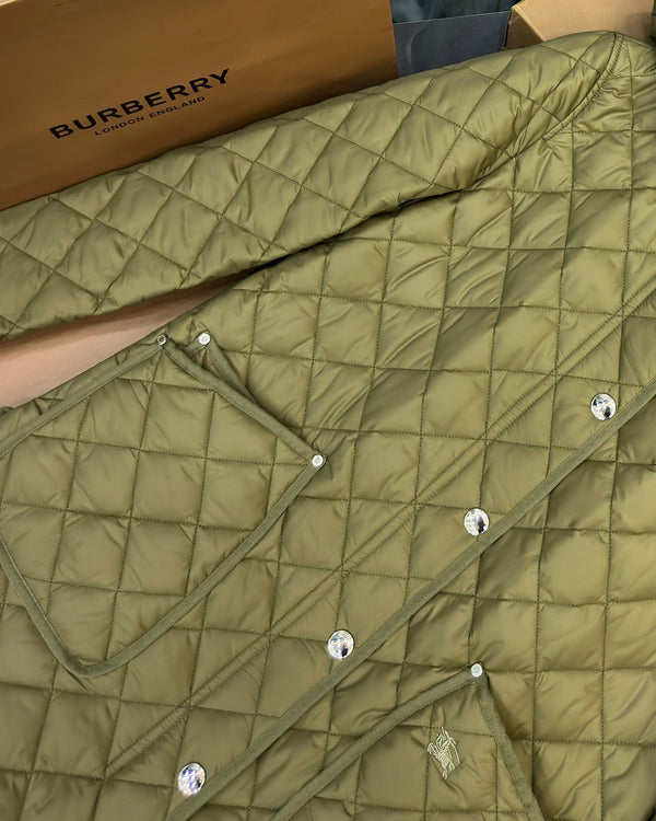 Burberry 25 Quilted Hooded Long Coat Green Polyester Cotton
