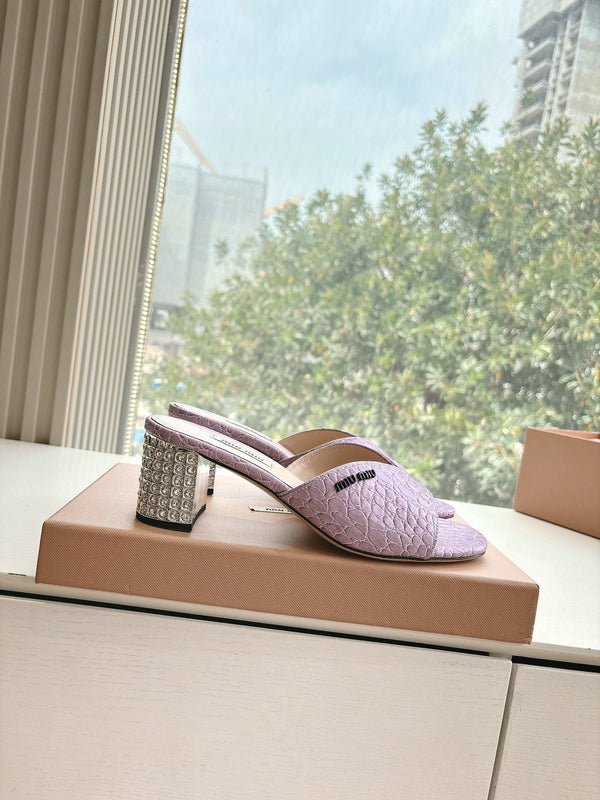 Miu Purple Croc Embossed Slide Sandals with Embellished Heel 223918