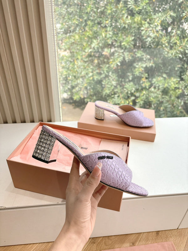Miu Purple Croc Embossed Slide Sandals with Embellished Heel 223918