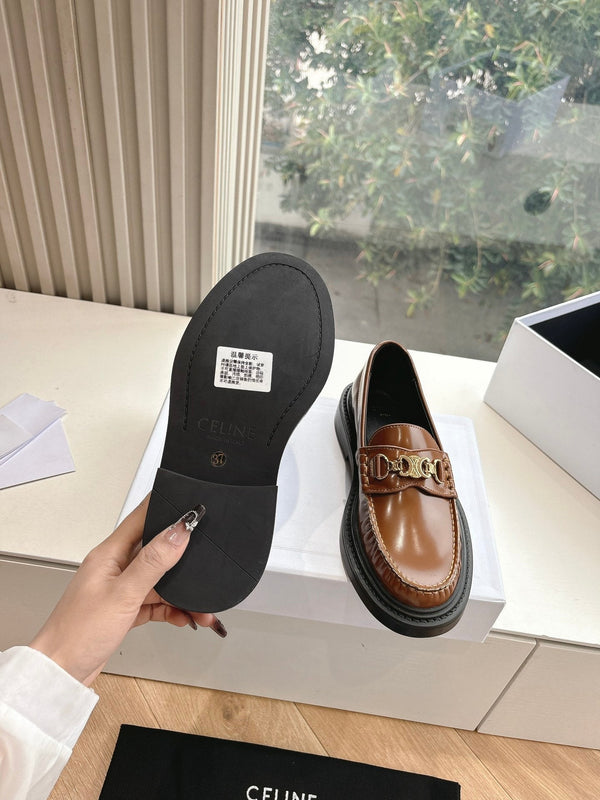 CELINE Buckle Triomphe Loafers Golden Leather 285955