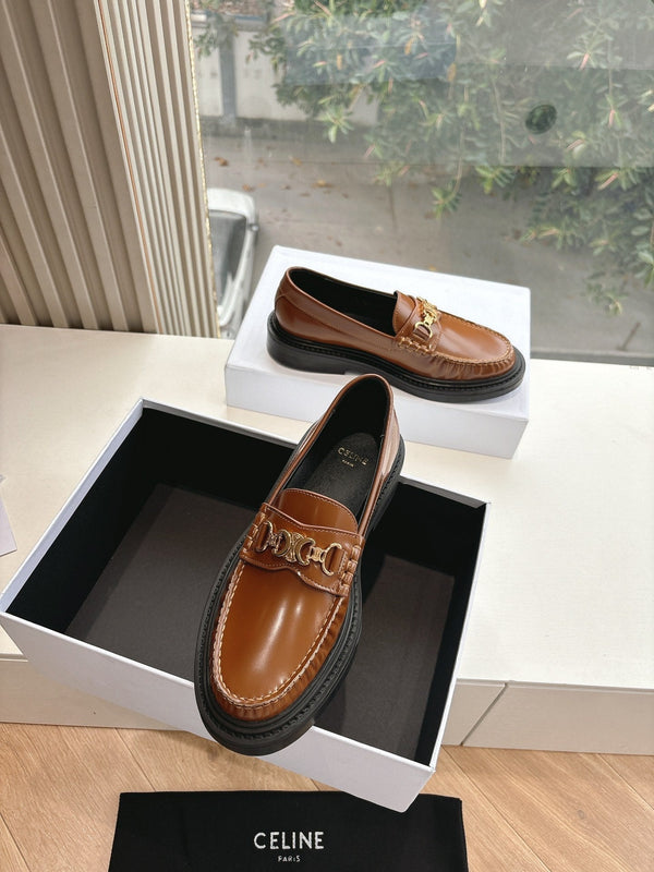 CELINE Buckle Triomphe Loafers Golden Leather 285955