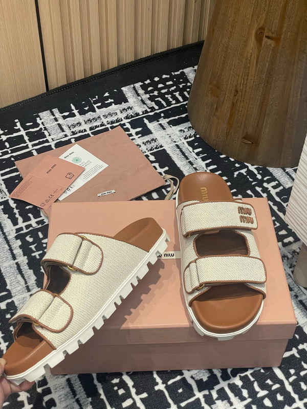 Miu 25S Beige and Brandy Canvas slides 227136