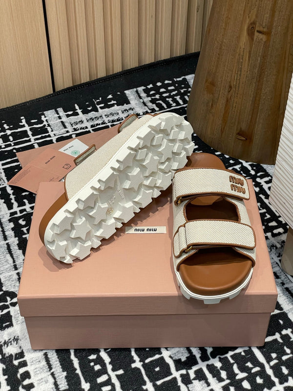 Miu 25S Beige and Brandy Canvas slides 227136