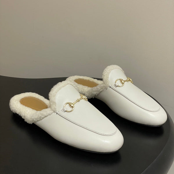 GG horsebit flat mules white cowhide 534712