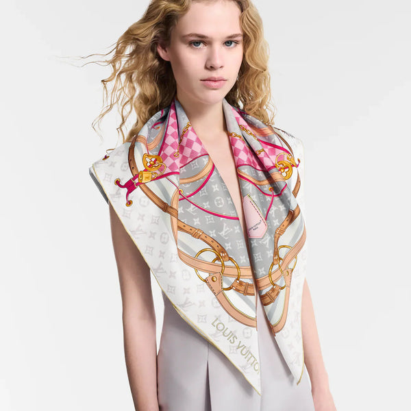 LV Scarf 90cm Creme Rose Fuchsia Twill Silk 136595