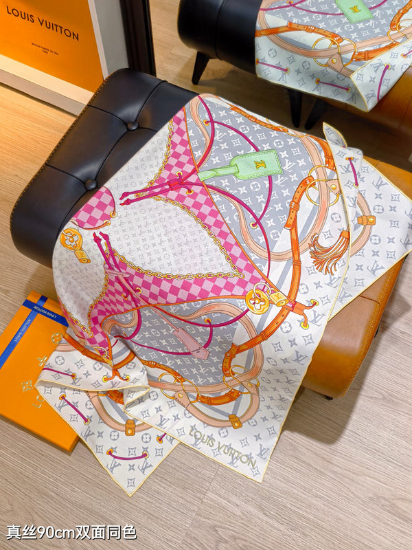 LV Scarf 90cm Creme Rose Fuchsia Twill Silk 136595