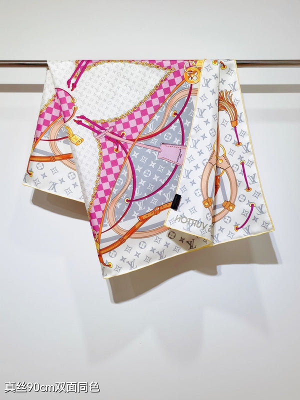 LV Scarf 90cm Creme Rose Fuchsia Twill Silk 136595