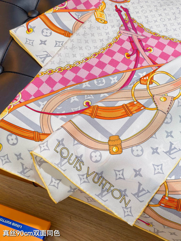 LV Scarf 90cm Creme Rose Fuchsia Twill Silk 136595