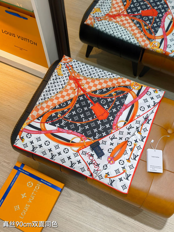 LV Scarf 90cm Black Navy Orange Twill Silk 136593