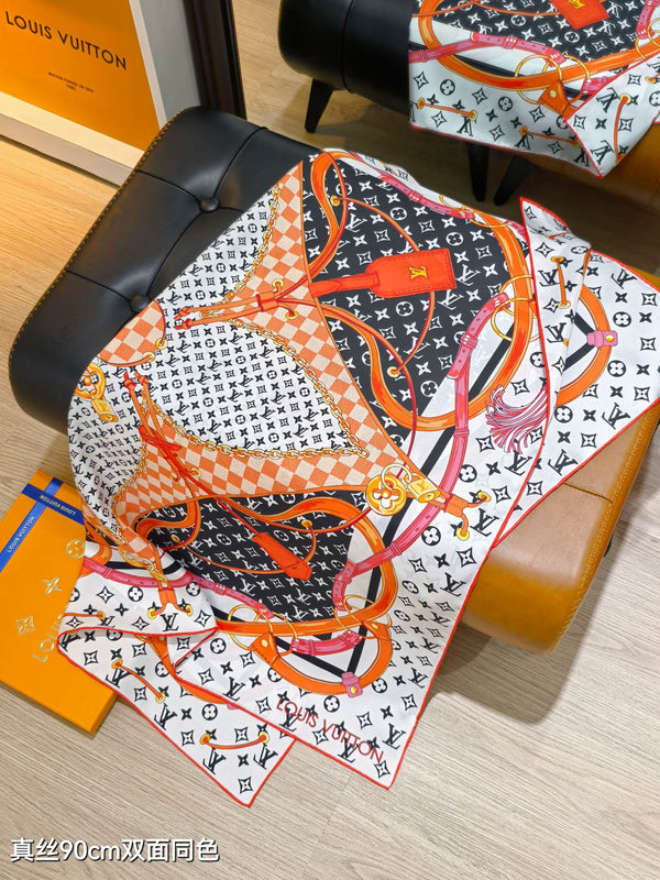 LV Scarf 90cm Black Navy Orange Twill Silk 136593