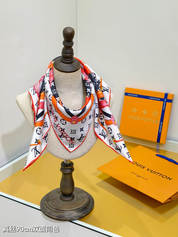 LV Scarf 90cm Black Navy Orange Twill Silk 136593