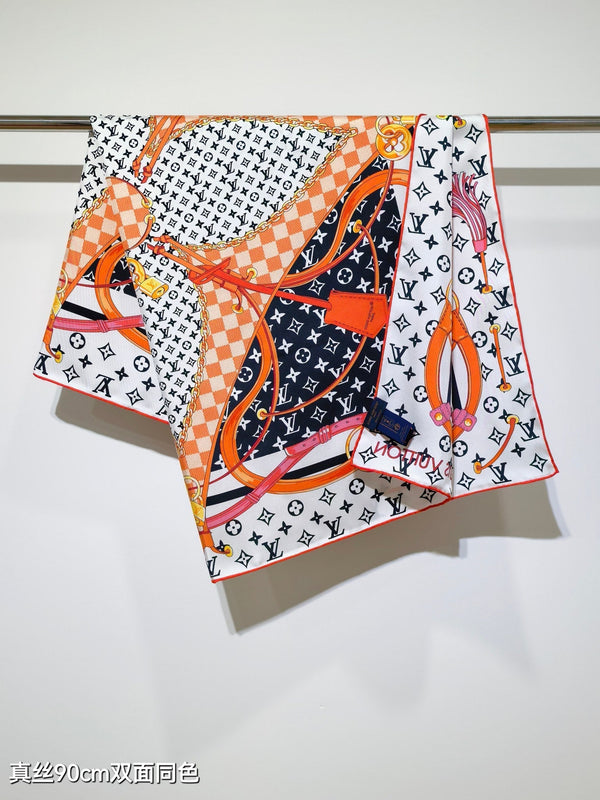 LV Scarf 90cm Black Navy Orange Twill Silk 136593