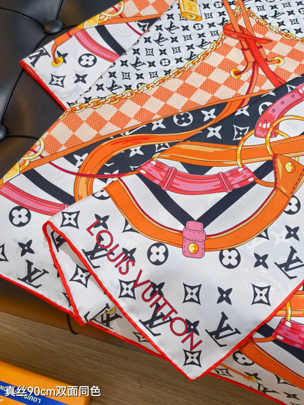 LV Scarf 90cm Black Navy Orange Twill Silk 136593