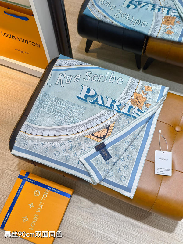 LV Double-sided Scarf 90cm Turquoise Twill Silk 136588