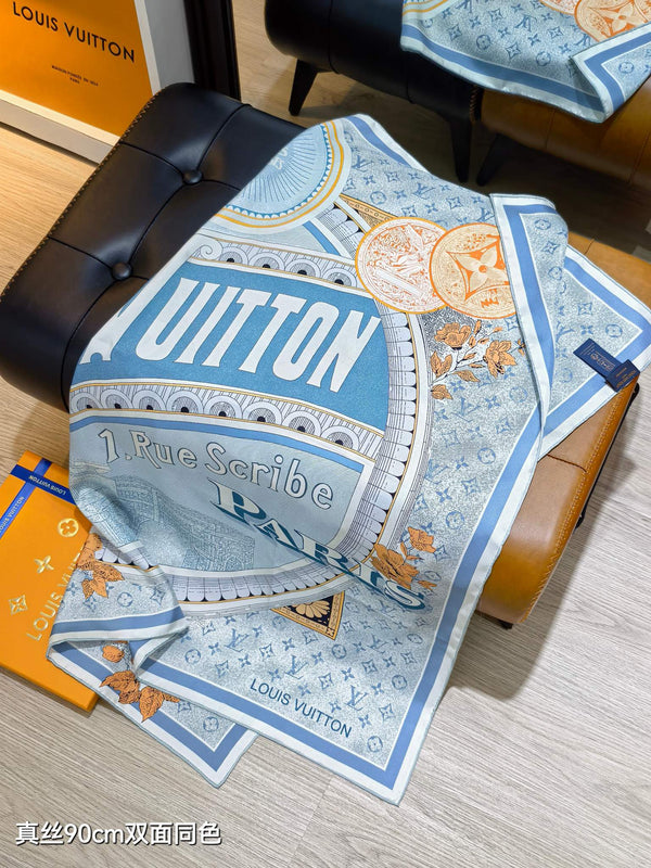 LV Double-sided Scarf 90cm Turquoise Twill Silk 136588