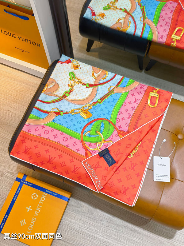 LV Double-sided Scarf 90cm Coral Orange Twill Silk 136589