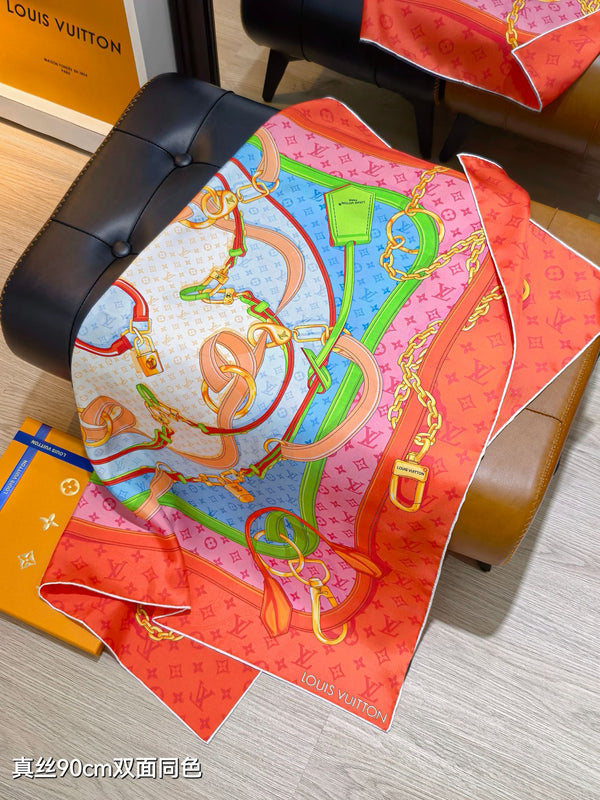 LV Double-sided Scarf 90cm Coral Orange Twill Silk 136589