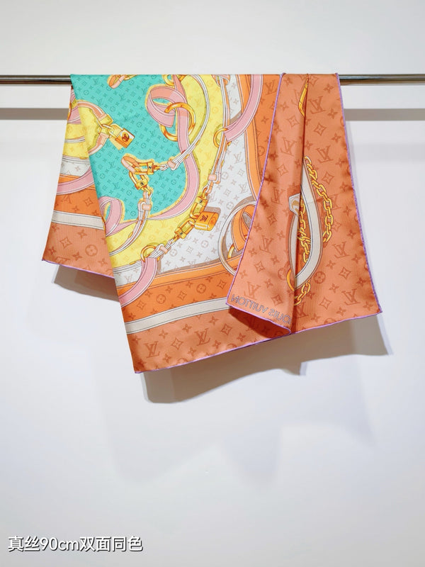 LV Double-sided Scarf 90cm Pink Orange Twill Silk 136590