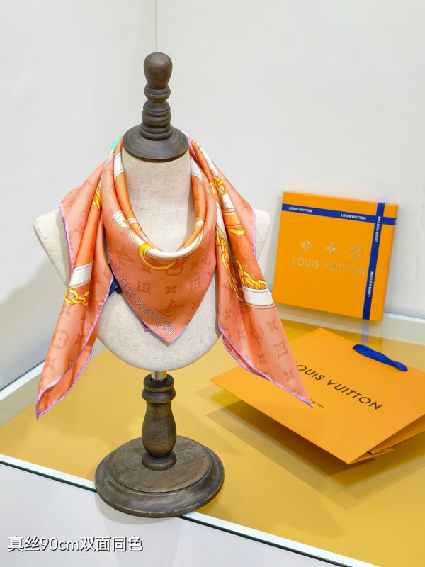 LV Double-sided Scarf 90cm Pink Orange Twill Silk 136590