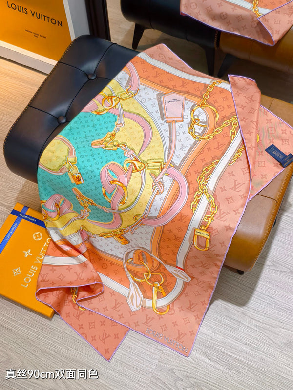 LV Double-sided Scarf 90cm Pink Orange Twill Silk 136590