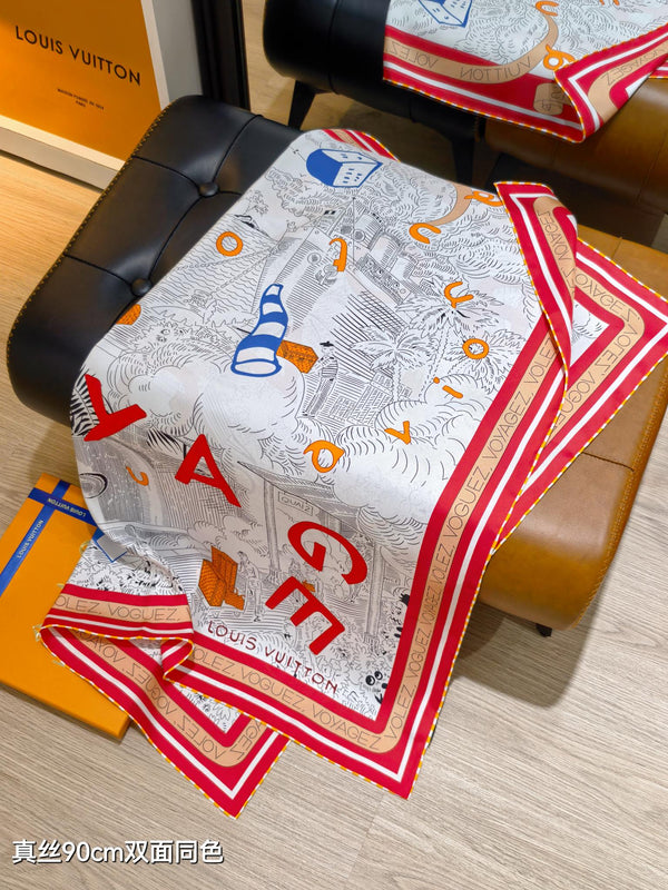 LV Double-sided Scarf 90cm Red White Twill Silk 136592